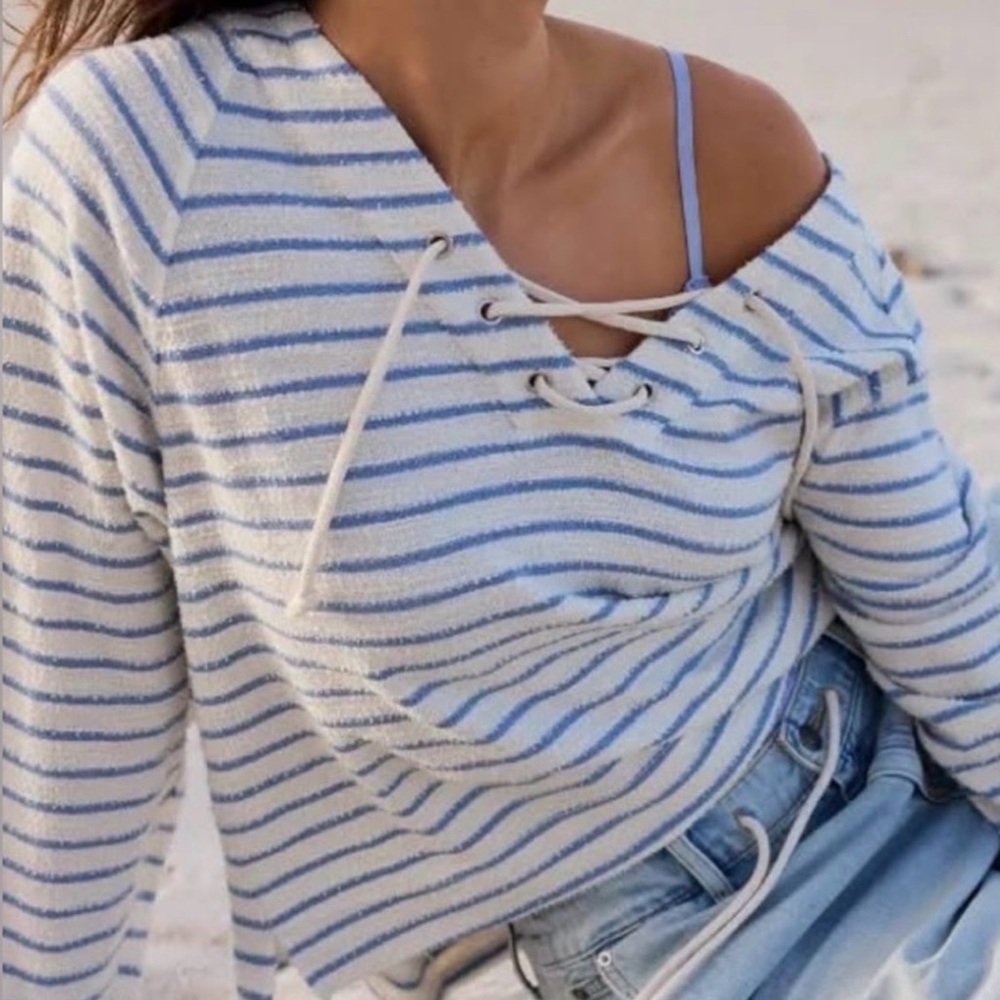 Striped Lace-Up Off-Shoulder Sweater - Blue & White